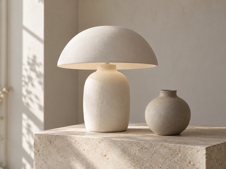 Ceramic lamp and vase in a sunlit studio